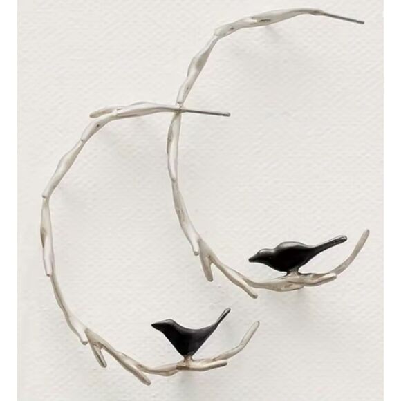 Raven on a Thorny Silver Branch Open Hoop Earrings Bird Goth Boho - Picture 1 of 4